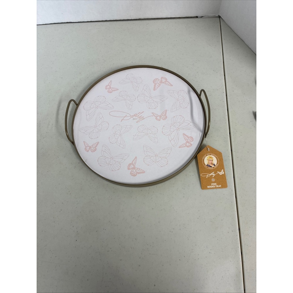 Dolly Parton Pink Butterfly Round Serving Tray with Handles Gold Rim 11.5 inch‎